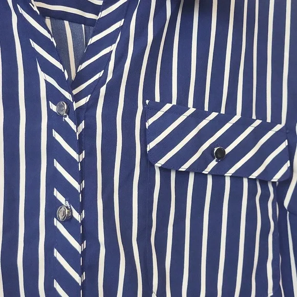 CORAL BAY Blue White Stripe Roll-Tab Pocket Blouse - Picture 4 of 12